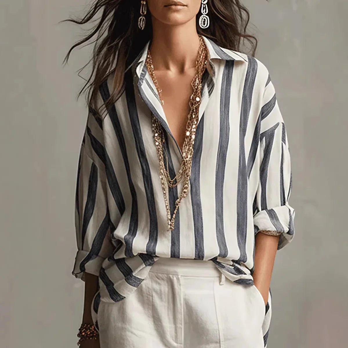 Women's Relaxed-Fit Striped Linen-Style Long Sleeve Blouse - Black