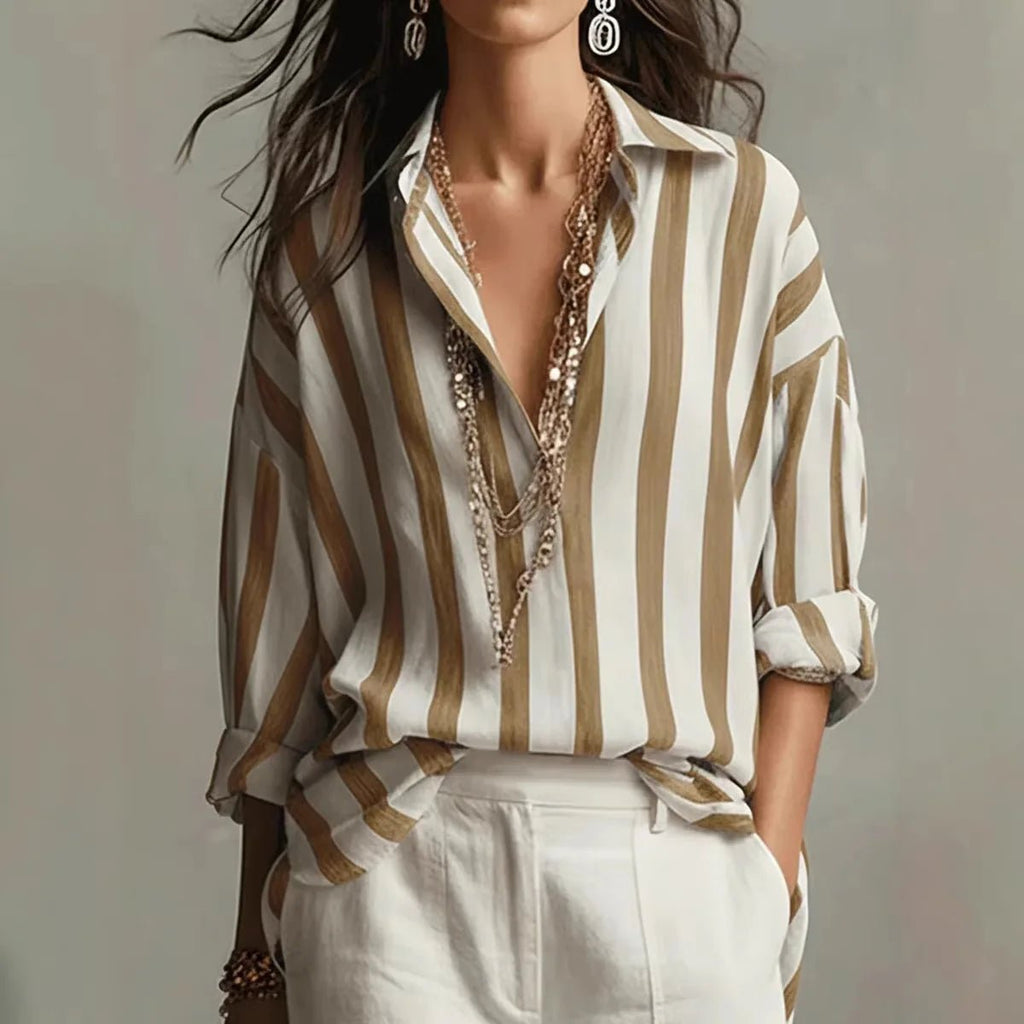 Women's Relaxed-Fit Striped Linen-Style Long Sleeve Blouse - Brown