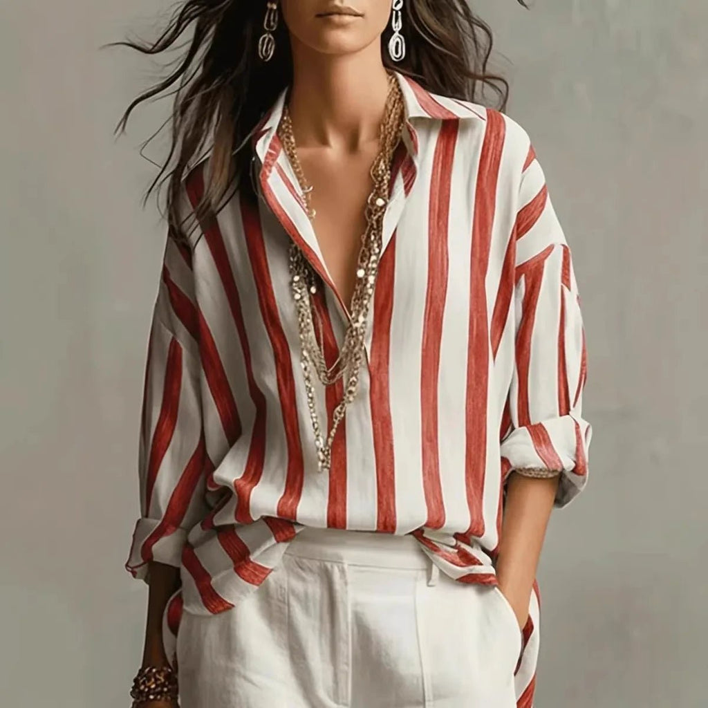 Women's Relaxed-Fit Striped Linen-Style Long Sleeve Blouse - Red