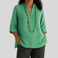 Women's Relaxed-Fit V-Neck 3/4 Sleeve Linen Tunic - Green
