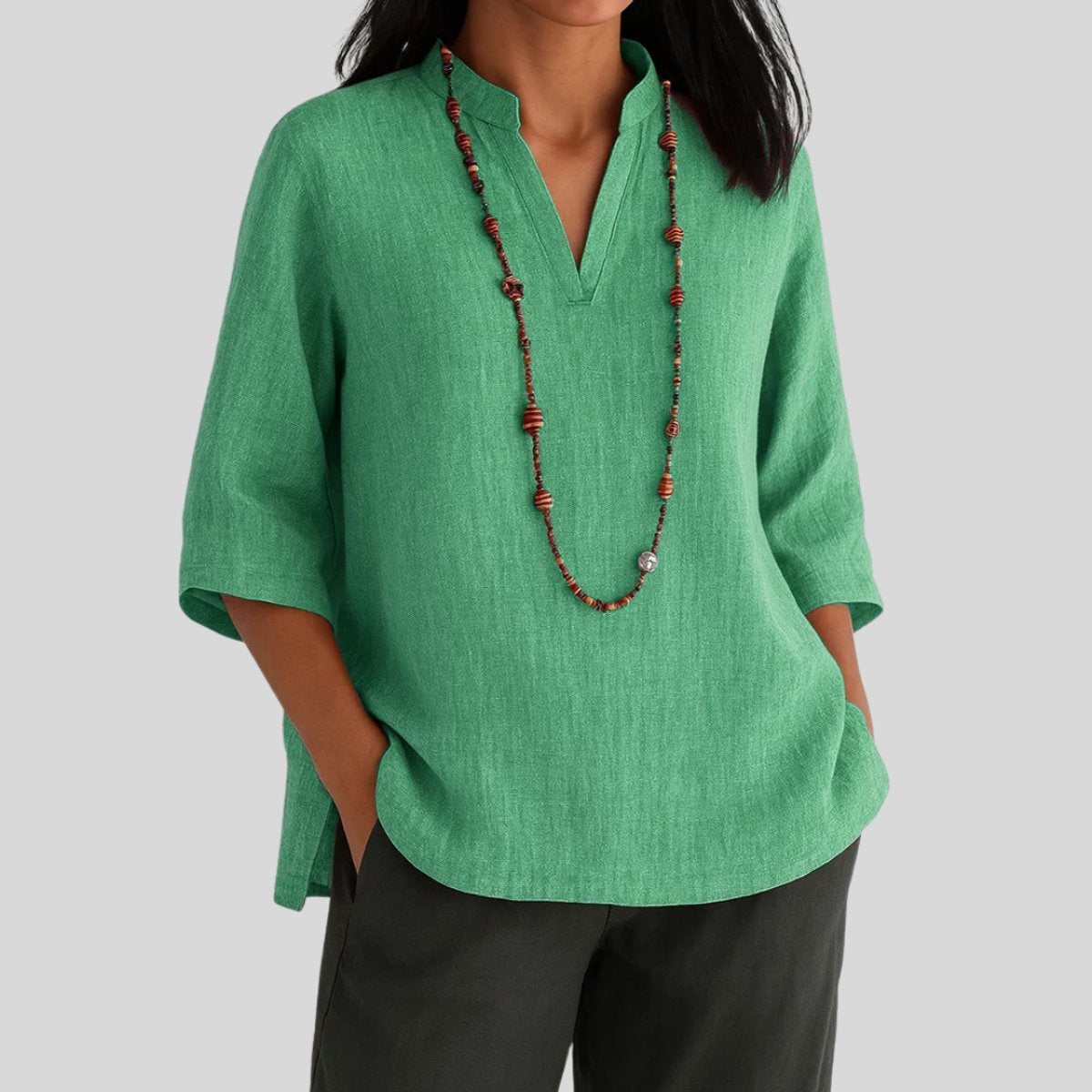 Women's Relaxed-Fit V-Neck 3/4 Sleeve Linen Tunic - Green