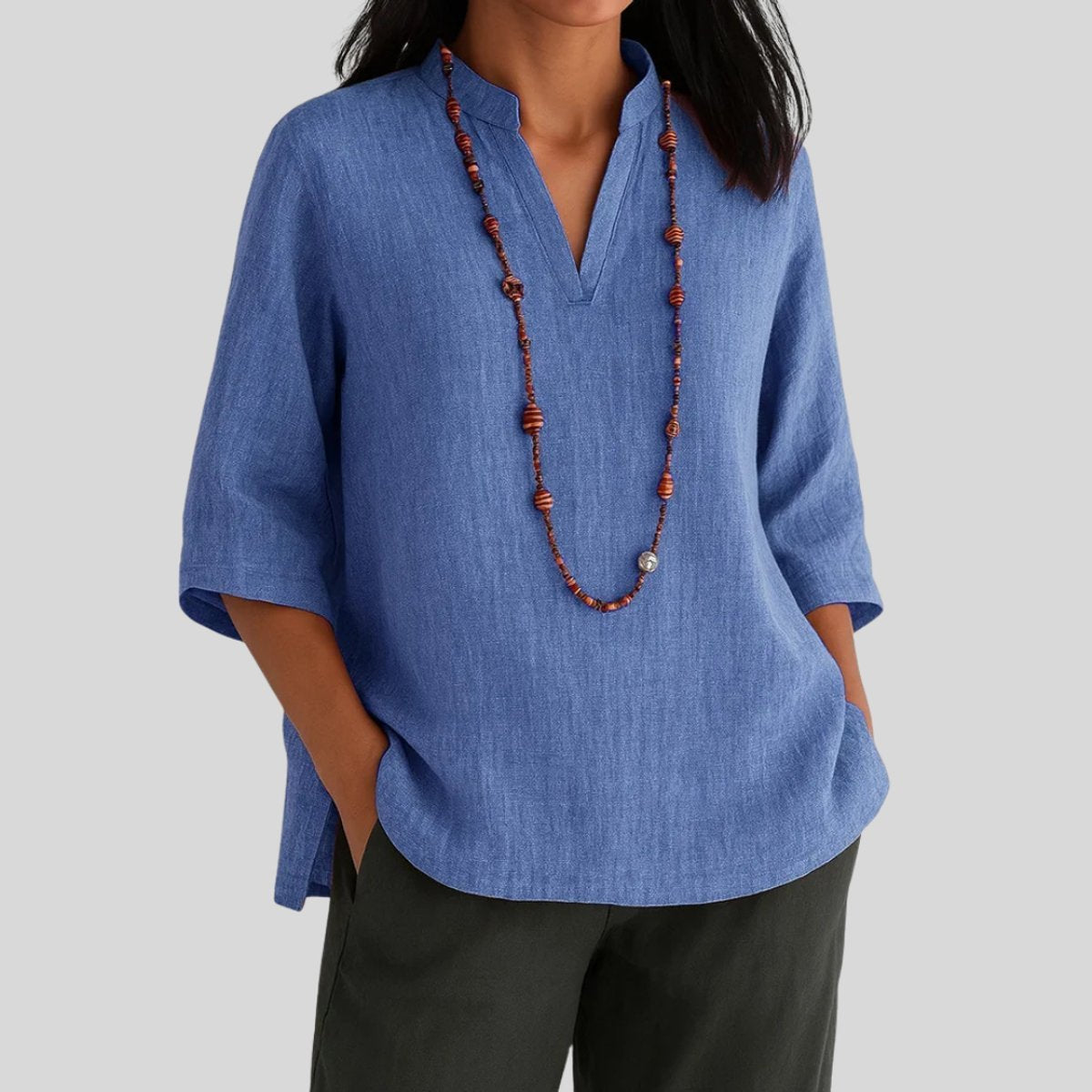 Women's Relaxed-Fit V-Neck 3/4 Sleeve Linen Tunic - Blue