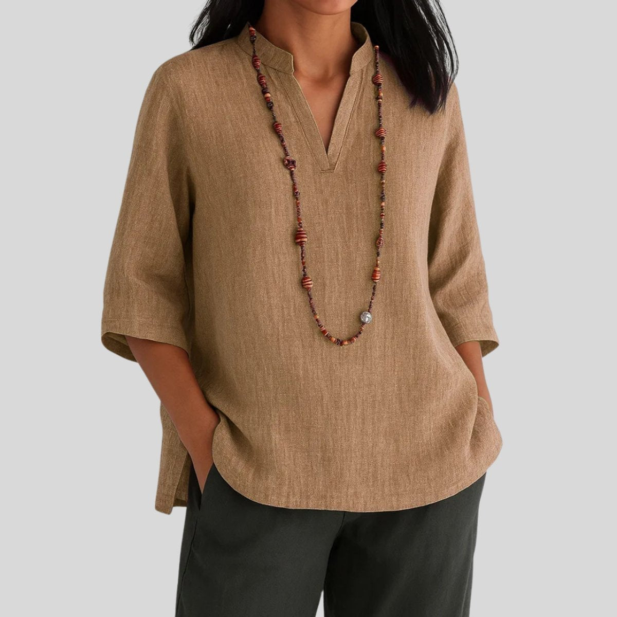 Women's Relaxed-Fit V-Neck 3/4 Sleeve Linen Tunic - Brown