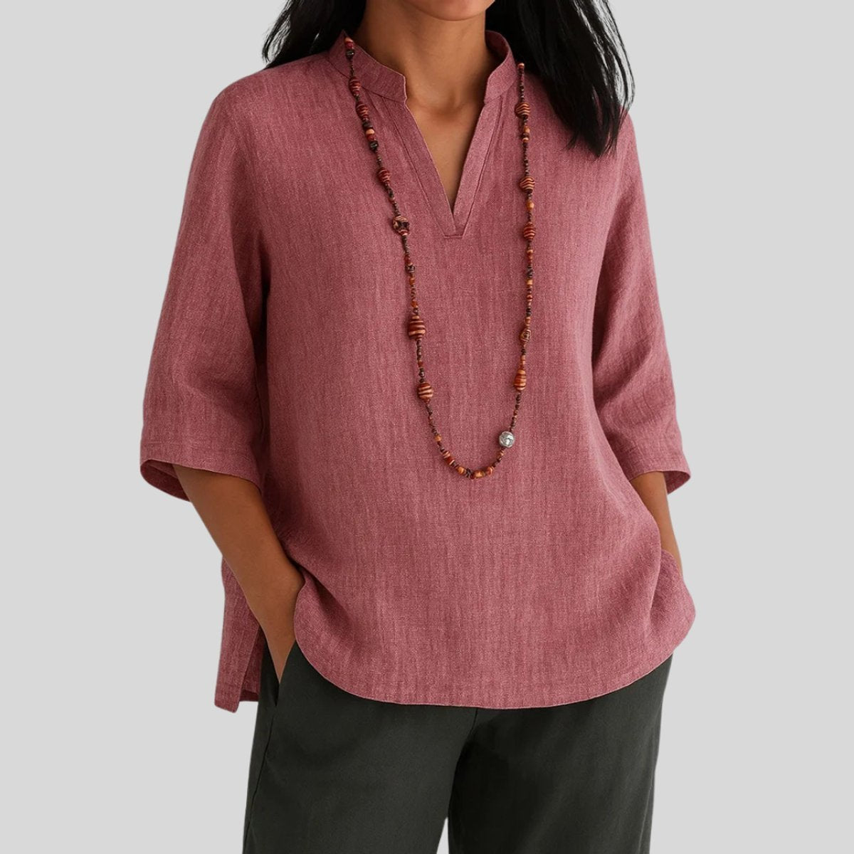 Women's Relaxed-Fit V-Neck 3/4 Sleeve Linen Tunic - Red