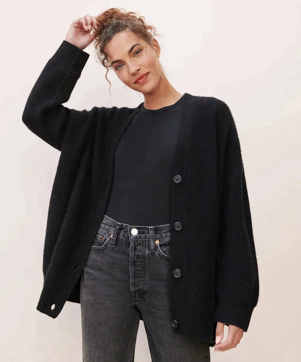 Women's Relaxed-Fit V-Neck Button-Front Cashmere Cardigan - Black