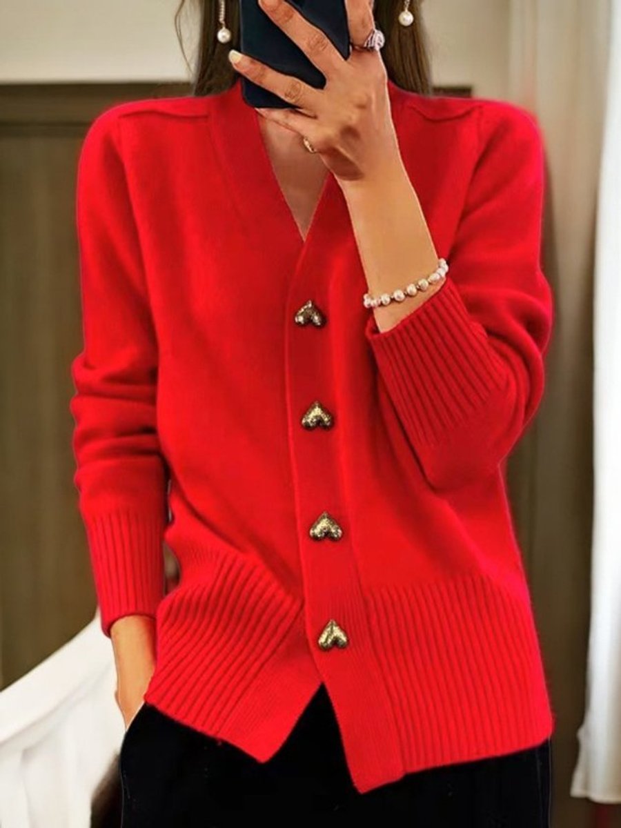 Women's Relaxed-Fit V-Neck Button-Front Knit Cardigan - Red
