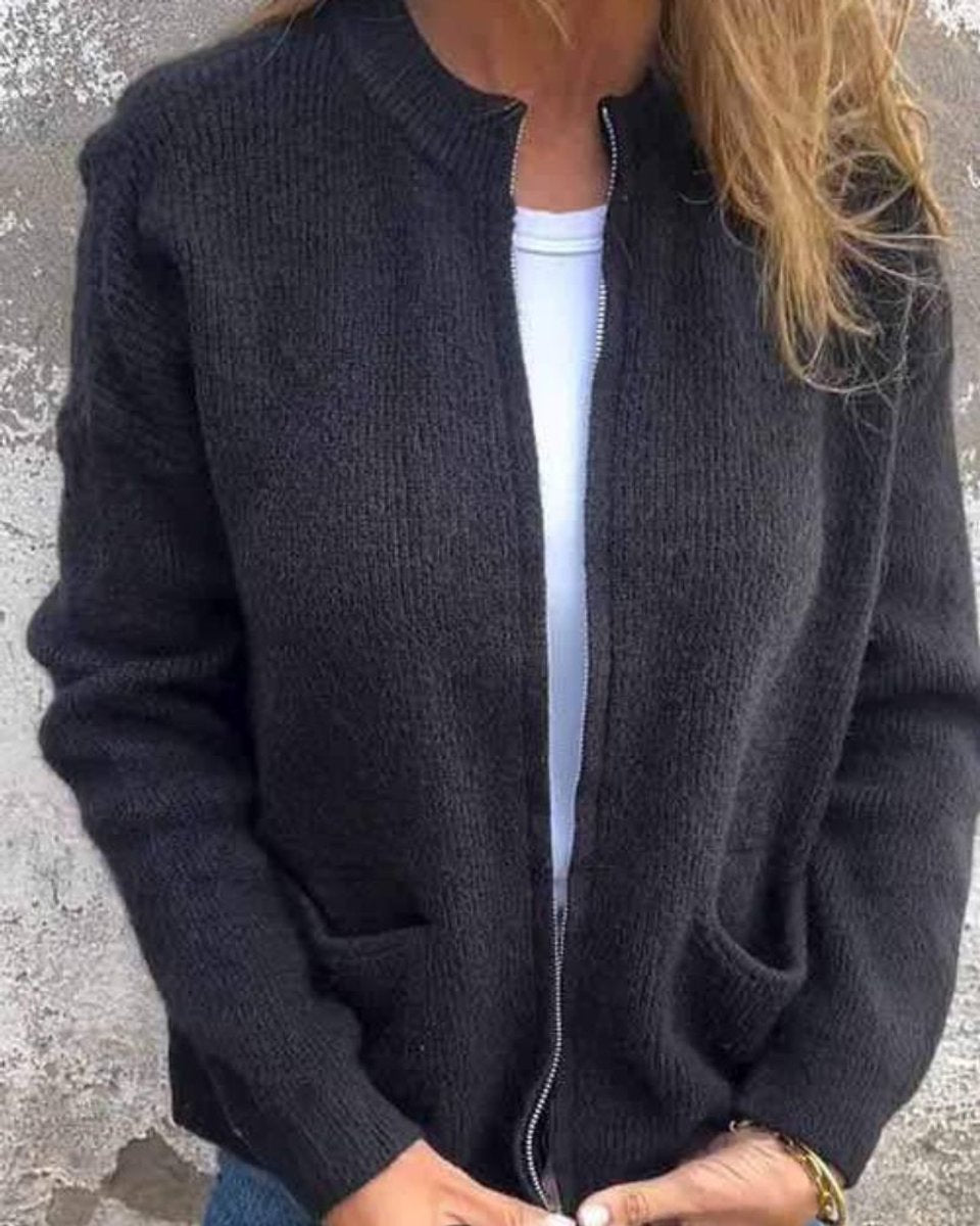 Women's Relaxed-Fit Zip-Up Ribbed Knit Cardigan Sweater - Black