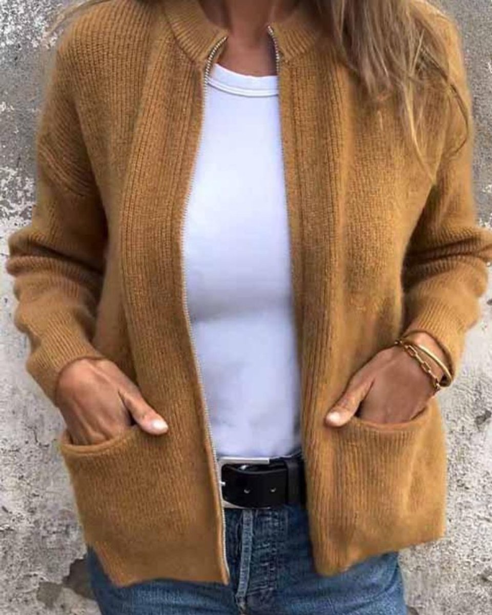 Women's Relaxed-Fit Zip-Up Ribbed Knit Cardigan Sweater - Brown