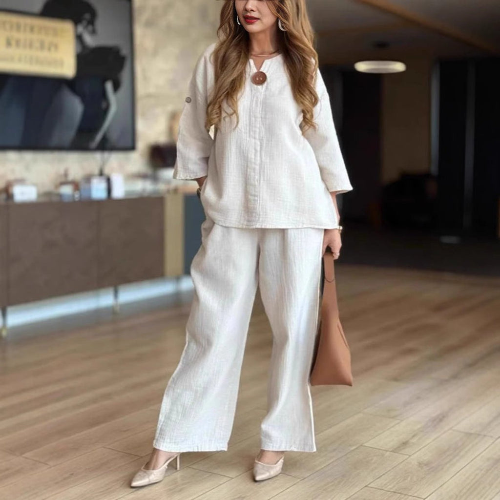 Women's Relaxed Linen-Blend 3/4-Sleeve Tunic Palazzo Pants Set