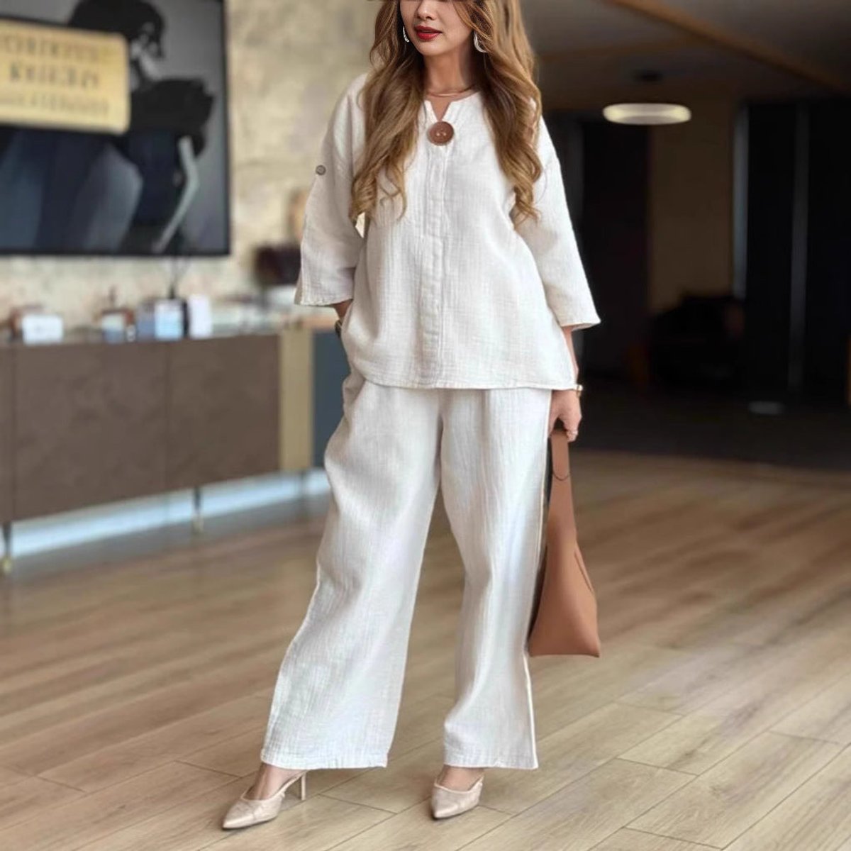 Women's Relaxed Linen-Blend 3/4-Sleeve Tunic Palazzo Pants Set