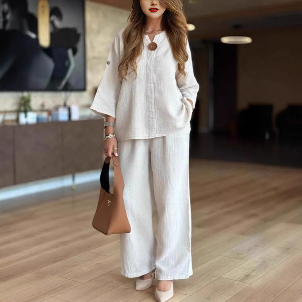 Women's Relaxed Linen-Blend 3/4-Sleeve Tunic Palazzo Pants Set