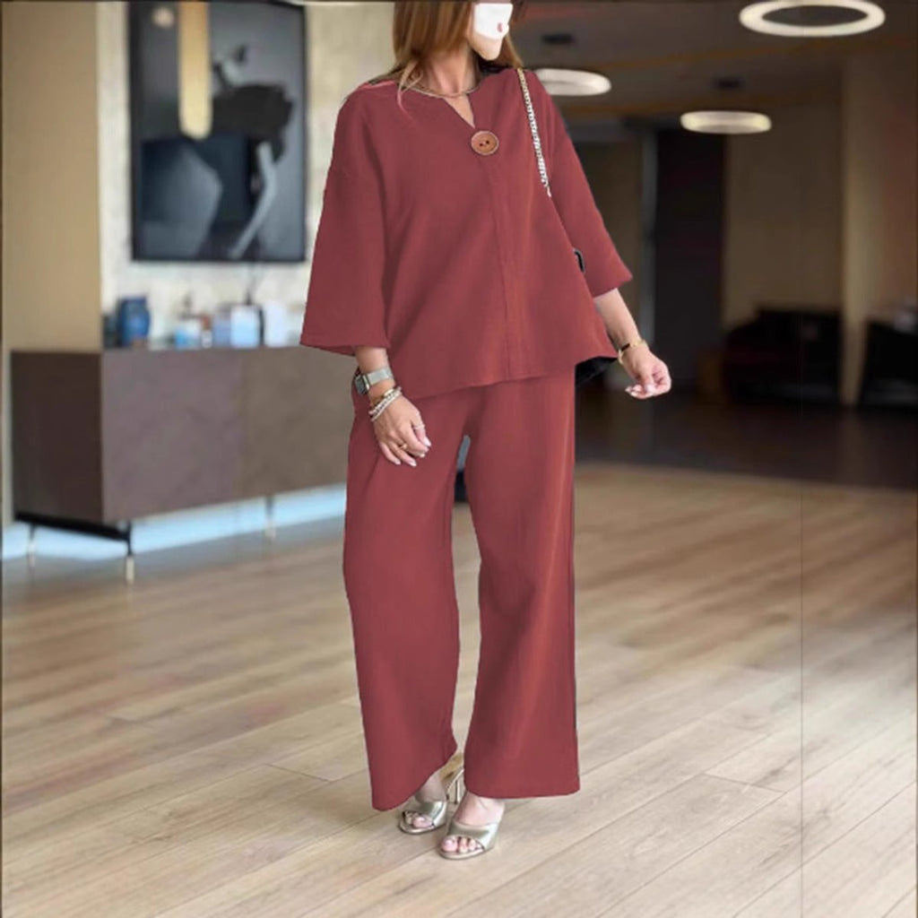 Women's Relaxed Linen-Blend 3/4-Sleeve Tunic Palazzo Pants Set - Burgundy