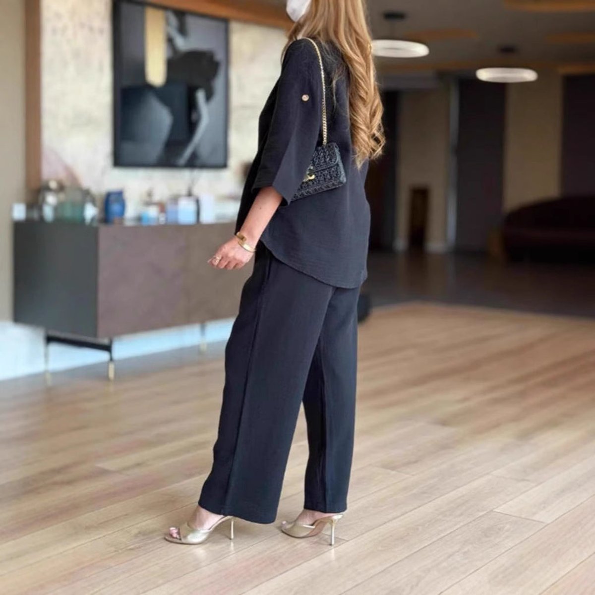 Women's Relaxed Linen-Blend 3/4-Sleeve Tunic Palazzo Pants Set