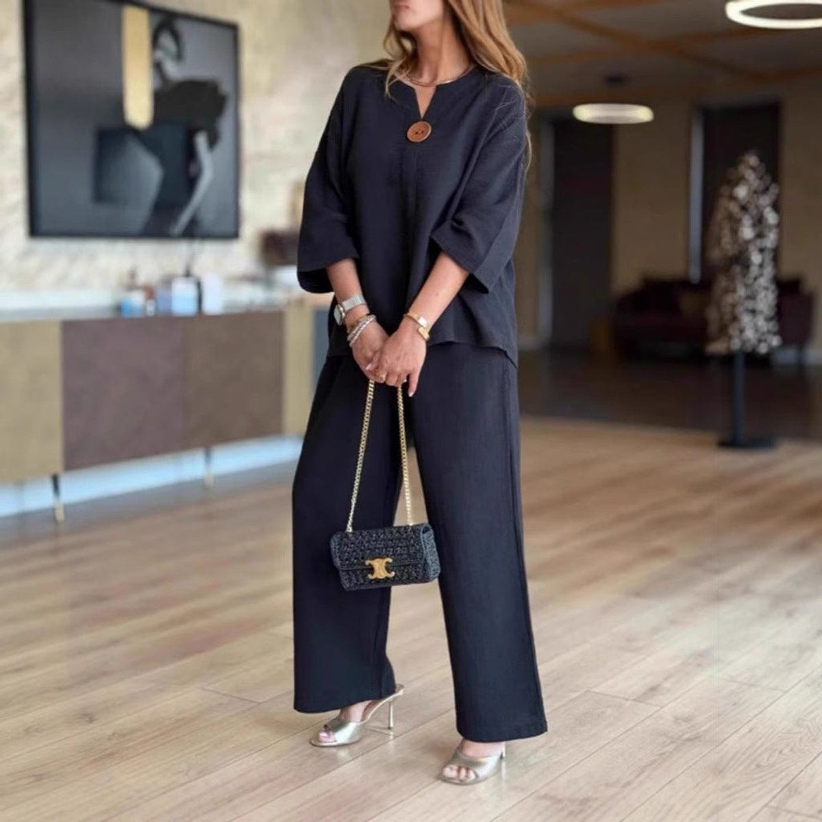 Women's Relaxed Linen-Blend 3/4-Sleeve Tunic Palazzo Pants Set