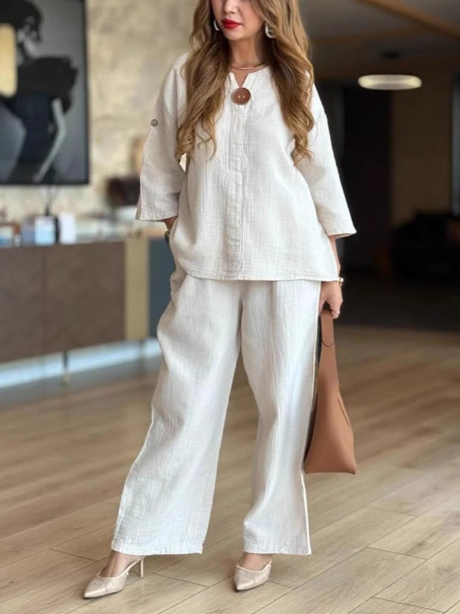 Women's Relaxed Linen-Blend 3/4-Sleeve Tunic Palazzo Pants Set - White