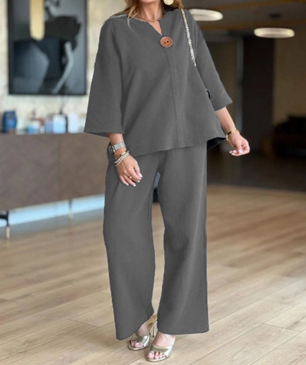 Women's Relaxed Linen-Blend 3/4-Sleeve Tunic Palazzo Pants Set - Gray