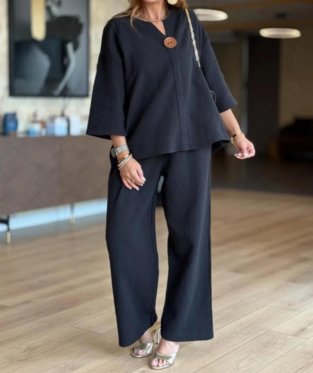 Women's Relaxed Linen-Blend 3/4-Sleeve Tunic Palazzo Pants Set - Black