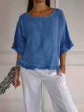 Women's Relaxed Linen Frayed-Hem Three-Quarter Sleeve Blouse - Blue