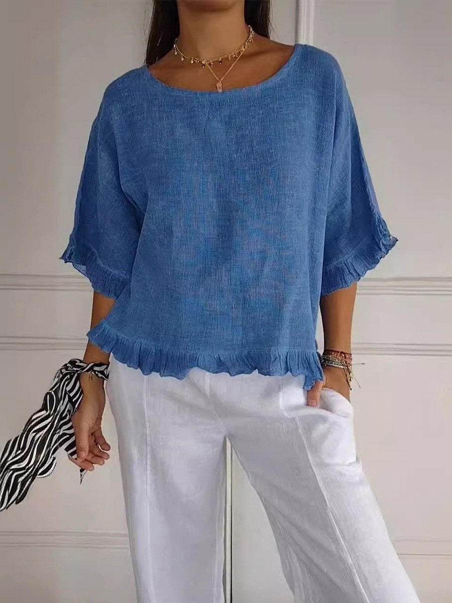 Women's Relaxed Linen Frayed-Hem Three-Quarter Sleeve Blouse - Blue