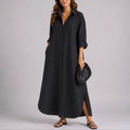 Women's Relaxed Linen Maxi Shirt Fall Wedding Guest Dress - Black