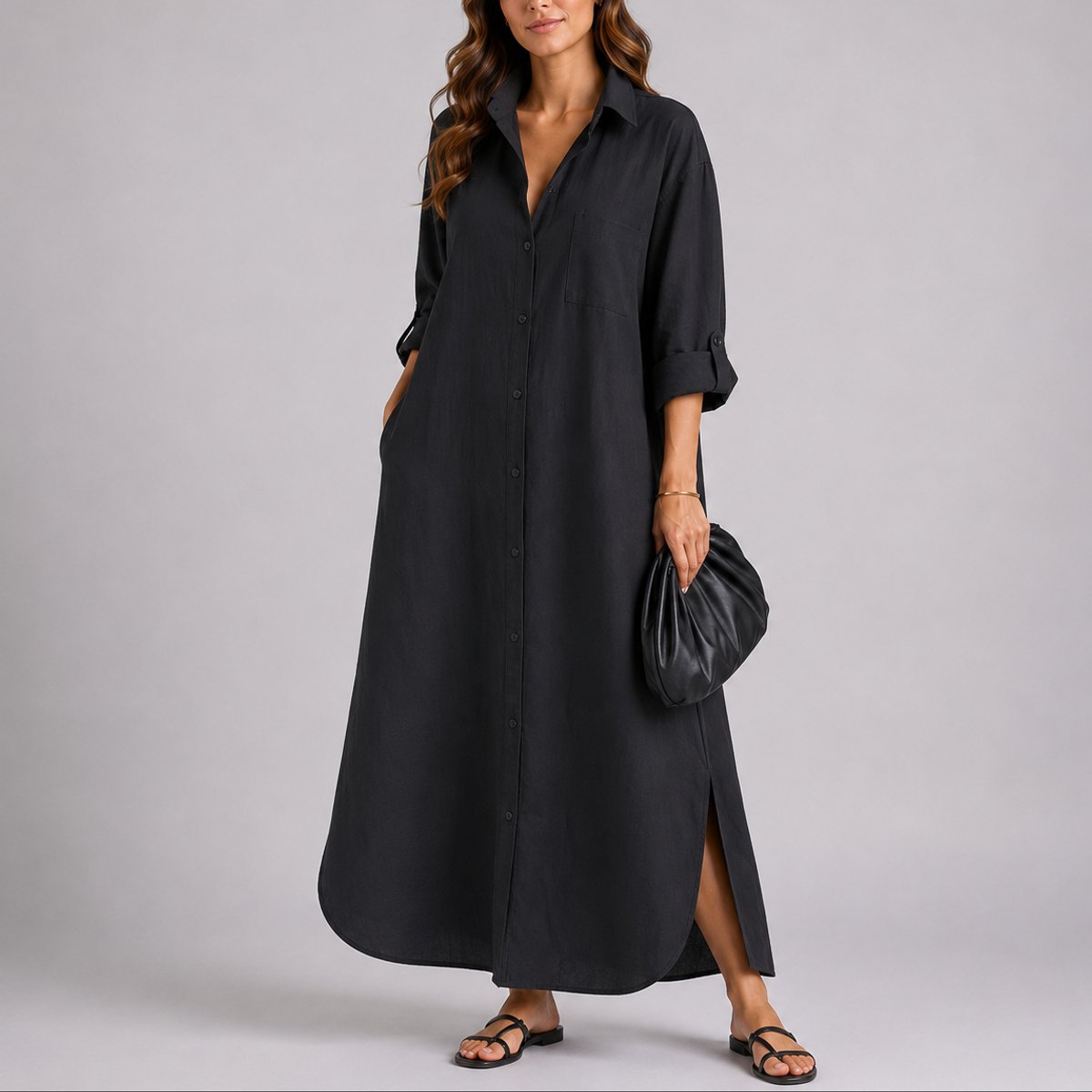 Women's Relaxed Linen Maxi Shirt Fall Wedding Guest Dress - Black
