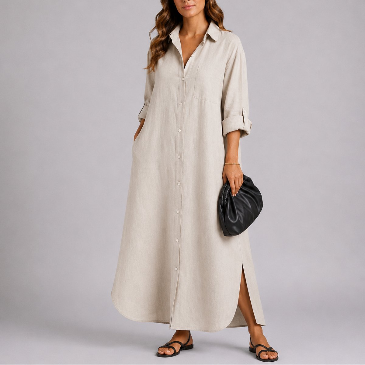 Women's Relaxed Linen Maxi Shirt Fall Wedding Guest Dress - Beige