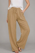Women's Relaxed Linen Wide Leg Pants Drawstring Waist - Khaki