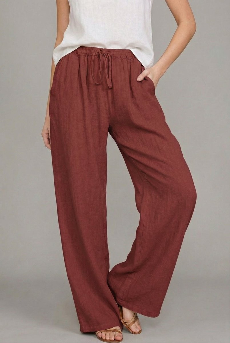Women's Relaxed Linen Wide Leg Pants Drawstring Waist - Wine Red