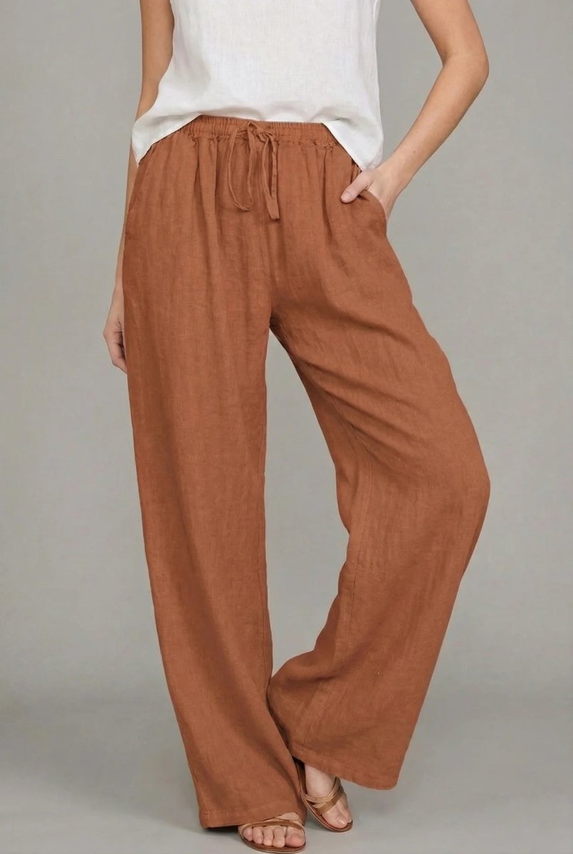 Women's Relaxed Linen Wide Leg Pants Drawstring Waist - Orange