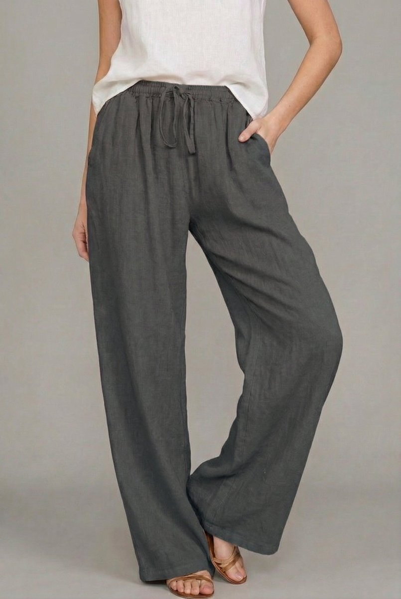 Women's Relaxed Linen Wide Leg Pants Drawstring Waist - Dark Gray