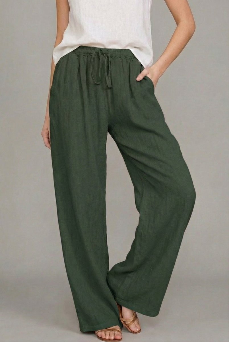 Women's Relaxed Linen Wide Leg Pants Drawstring Waist - Green