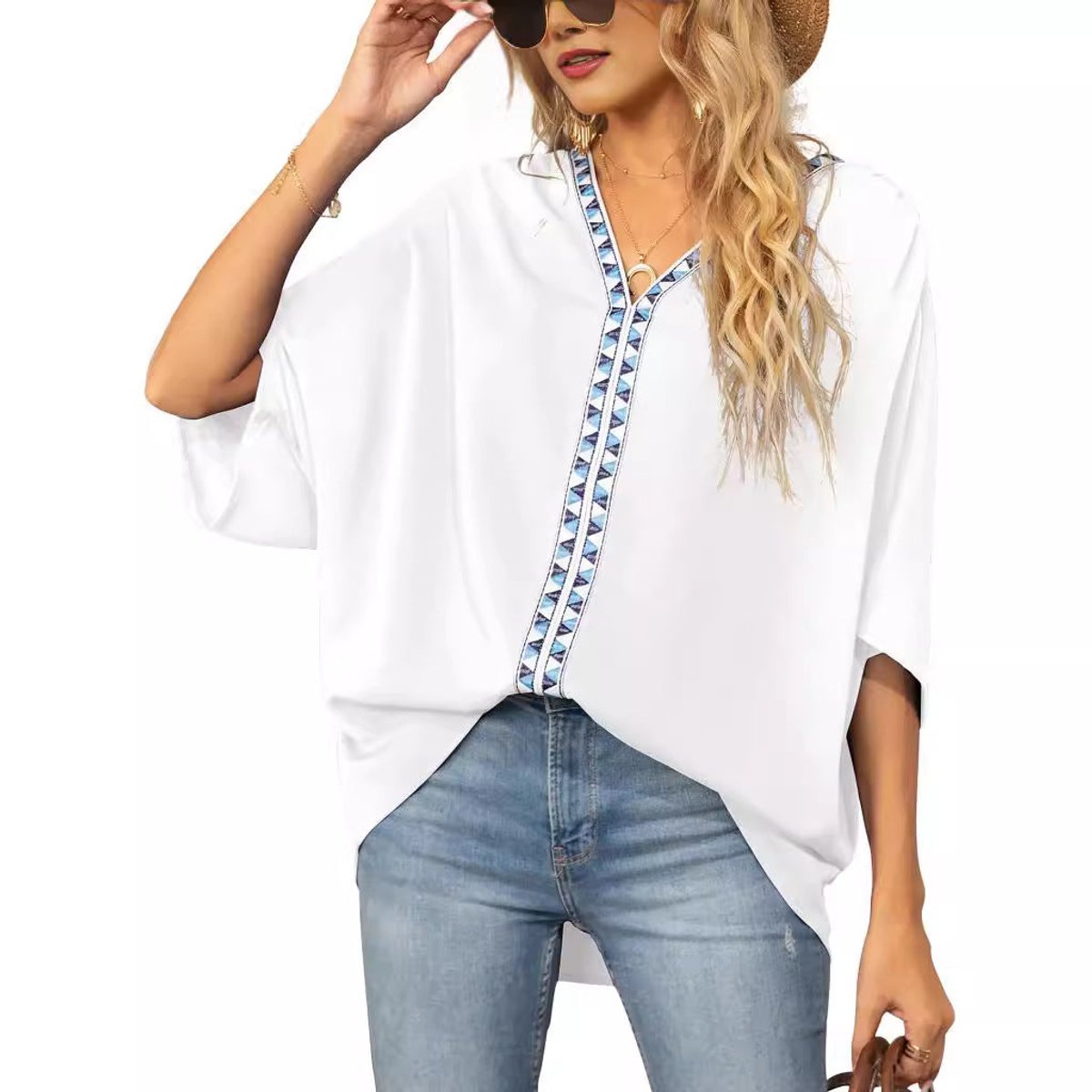 Women's Relaxed V-Neck Geometric Trim Oversized Tunic Top