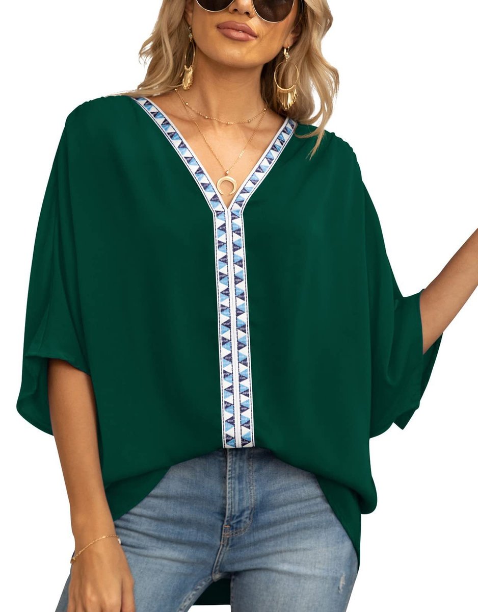 Women's Relaxed V-Neck Geometric Trim Oversized Tunic Top - Dark Green