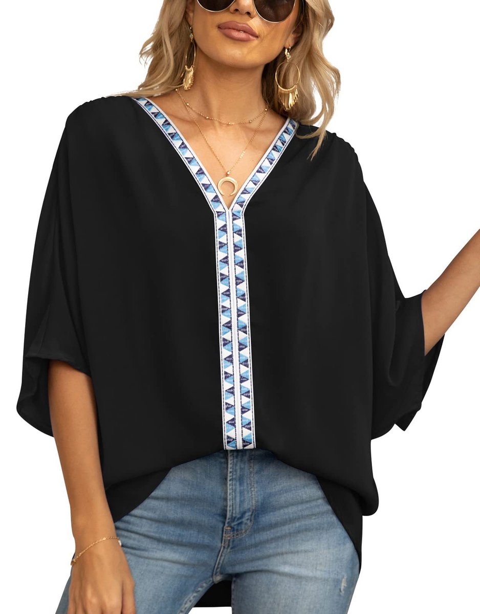 Women's Relaxed V-Neck Geometric Trim Oversized Tunic Top - Black