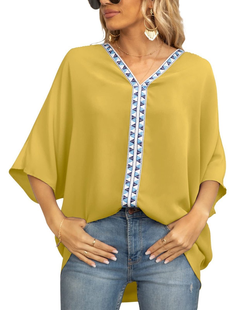 Women's Relaxed V-Neck Geometric Trim Oversized Tunic Top - Floral