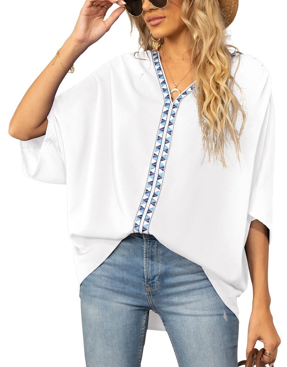 Women's Relaxed V-Neck Geometric Trim Oversized Tunic Top - White