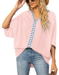 Women's Relaxed V-Neck Geometric Trim Oversized Tunic Top - Pink