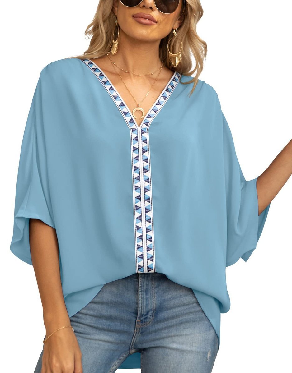Women's Relaxed V-Neck Geometric Trim Oversized Tunic Top - Dark Blue