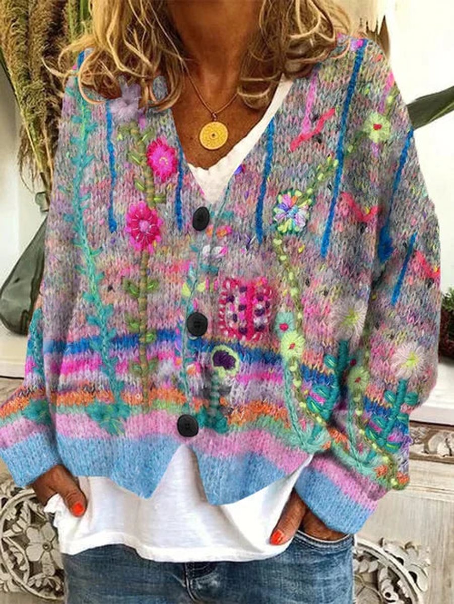 Women's Retro Floral Embroidered Button-Front Cardigan - Gray