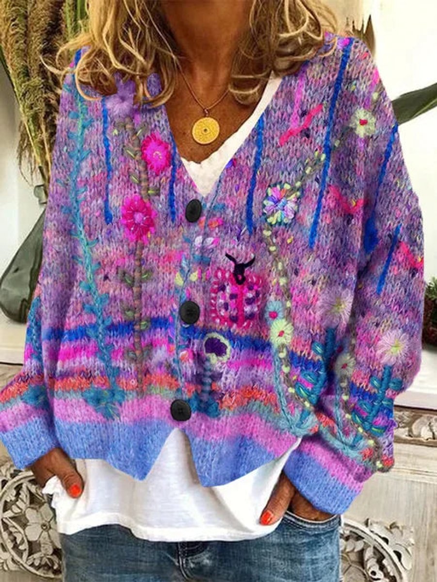 Women's Retro Floral Embroidered Button-Front Cardigan