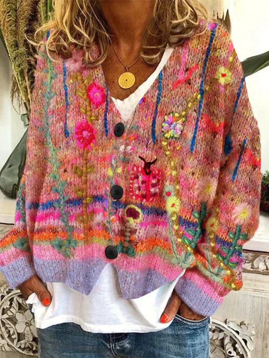 Women's Retro Floral Embroidered Button-Front Cardigan - Orange