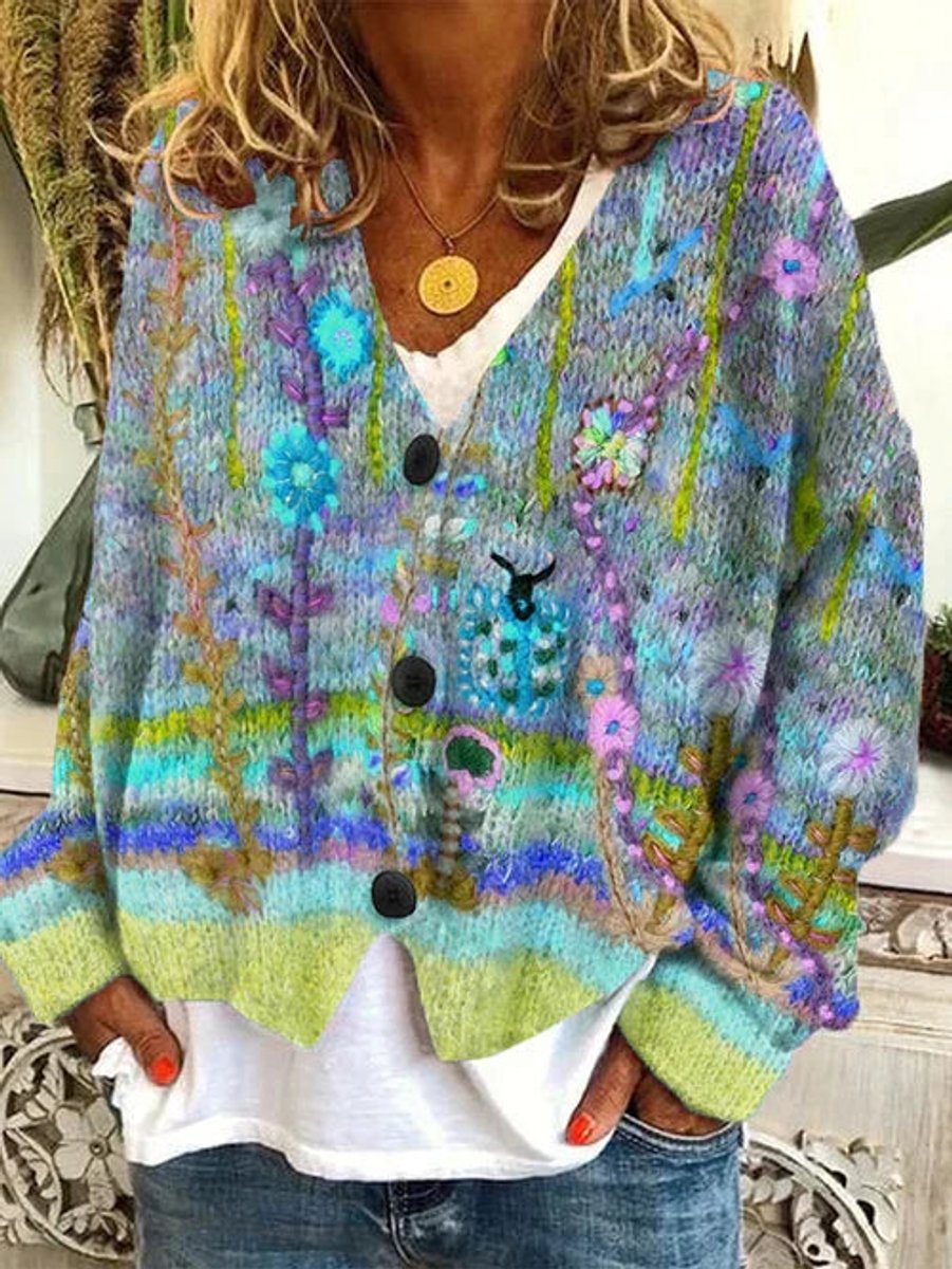 Women's Retro Floral Embroidered Button-Front Cardigan - Blue