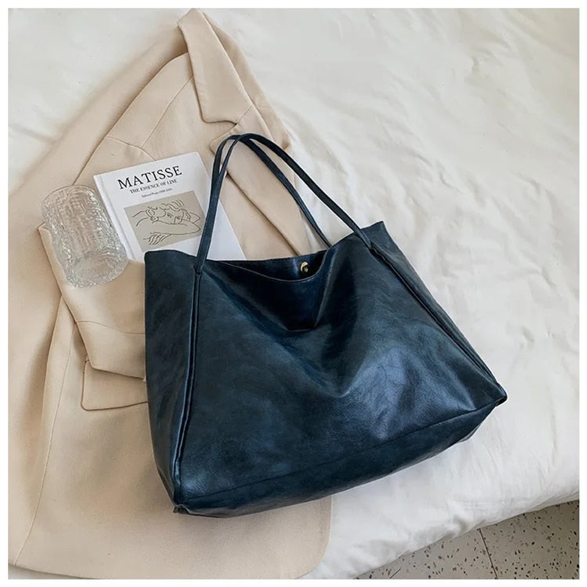 Women's Retro Large-Capacity Faux Leather Shoulder Tote Bag - Blue