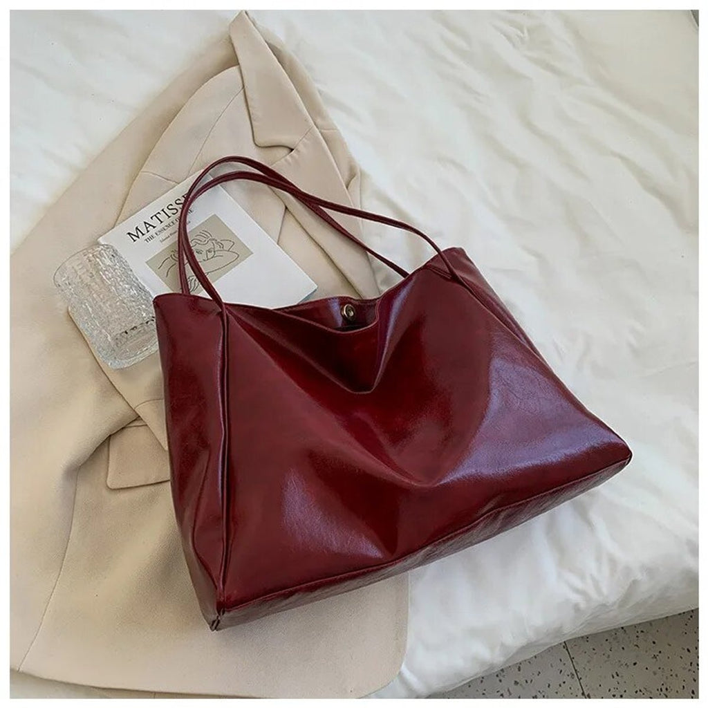 Women's Retro Large-Capacity Faux Leather Shoulder Tote Bag - Red