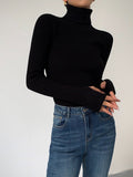 Women's Ribbed Turtleneck Lightweight Knit Sweater - Black