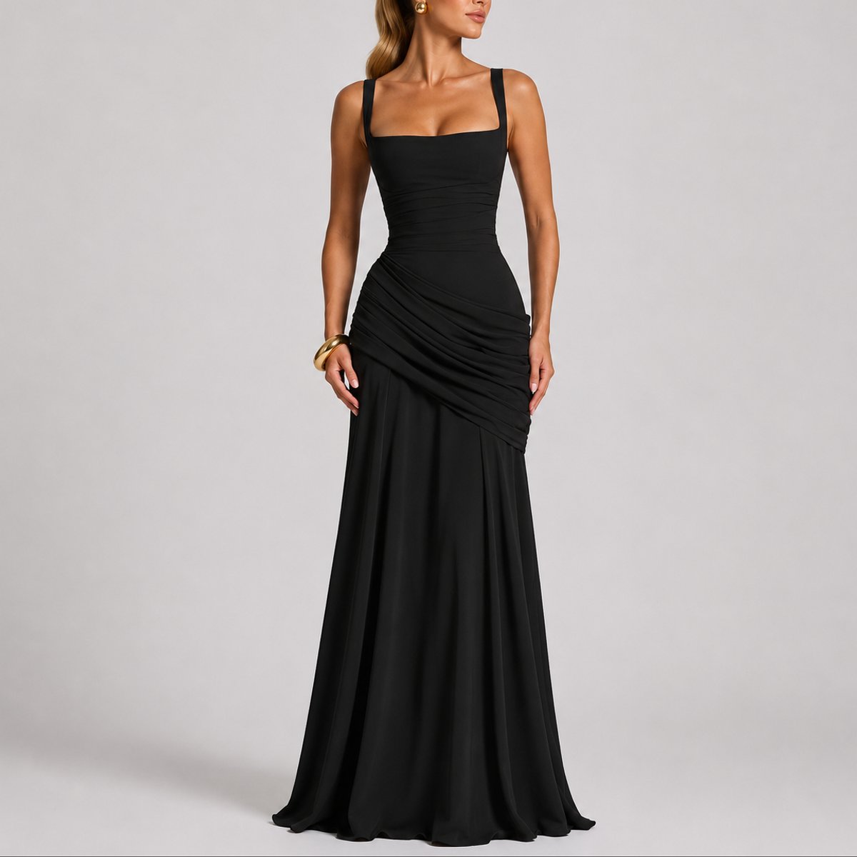 Women's Ruched Square-Neck Maxi Fall Wedding Guest Dresses - Black