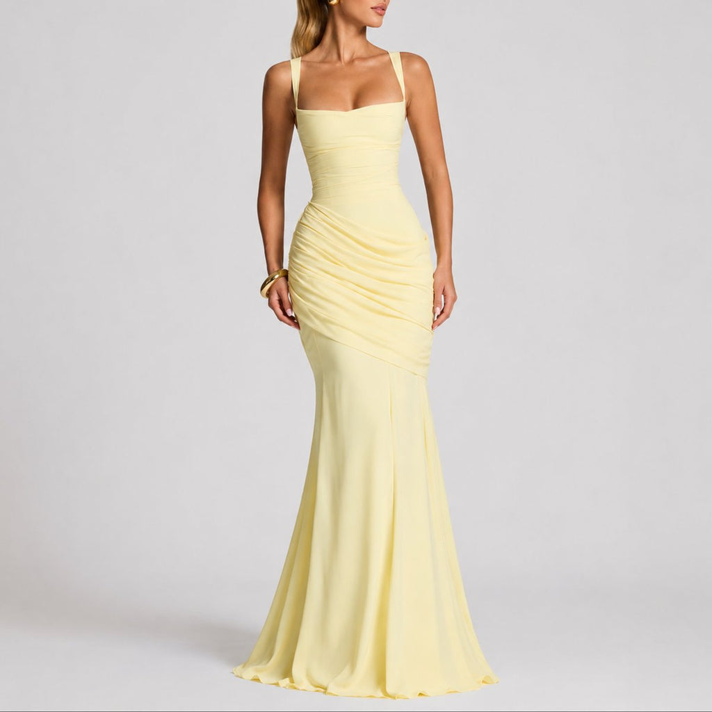 Women's Ruched Square-Neck Maxi Fall Wedding Guest Dresses - Yellow
