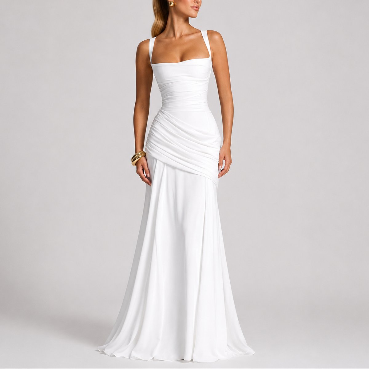 Women's Ruched Square-Neck Maxi Fall Wedding Guest Dresses - White