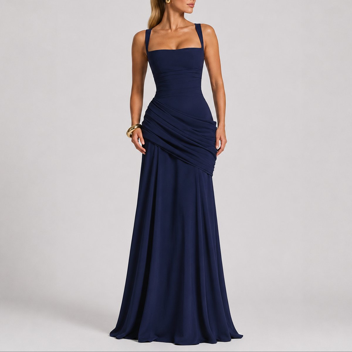 Women's Ruched Square-Neck Maxi Fall Wedding Guest Dresses - Navy