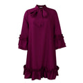 Women's Ruffle-Hem Bow-Collar 3/4 Sleeve Tunic Dress - Purple